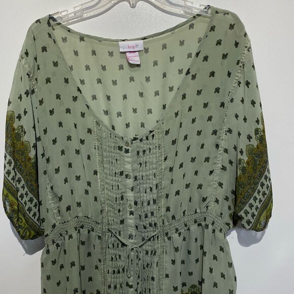 Loop 18 Women's Green Paisley Sheer Tie Waist Button Front Blouse Size 21/23 - Picture 3 of 8